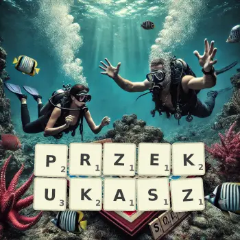 Kreatywna ilustracja do gry w Scrabble ze słowem PRZEKUKASZ ułożonym z płytek na planszy.