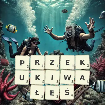 Kreatywna ilustracja do gry w Scrabble ze słowem PRZEKUKIWAŁEŚ ułożonym z płytek na planszy.