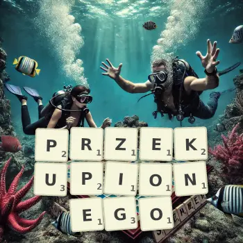 Kreatywna ilustracja do gry w Scrabble ze słowem PRZEKUPIONEGO ułożonym z płytek na planszy.
