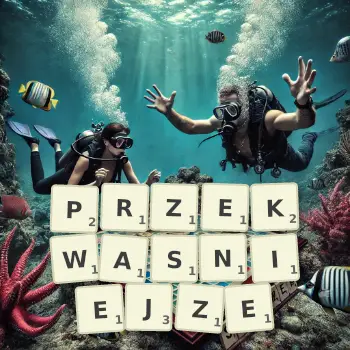 Kreatywna ilustracja do gry w Scrabble ze słowem PRZEKWASNIEJZE ułożonym z płytek na planszy.