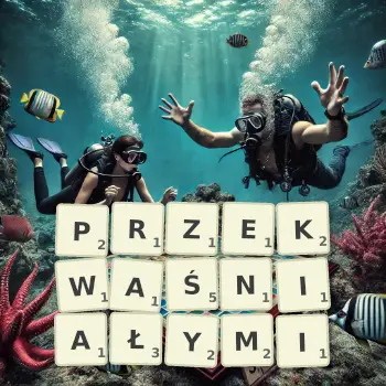 Kreatywna ilustracja do gry w Scrabble ze słowem PRZEKWAŚNIAŁYMI ułożonym z płytek na planszy.