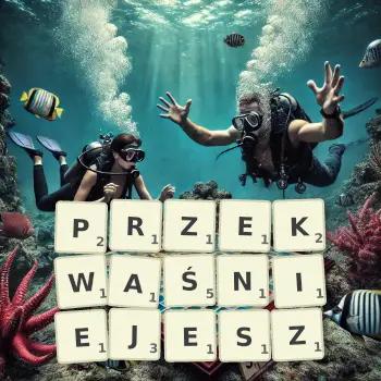 Kreatywna ilustracja do gry w Scrabble ze słowem PRZEKWAŚNIEJESZ ułożonym z płytek na planszy.