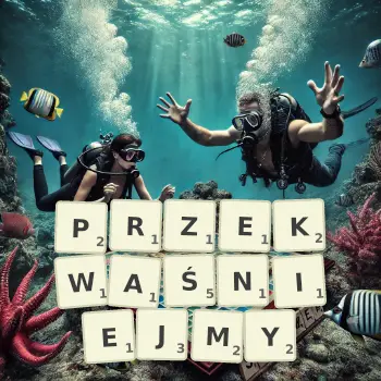 Kreatywna ilustracja do gry w Scrabble ze słowem PRZEKWAŚNIEJMY ułożonym z płytek na planszy.