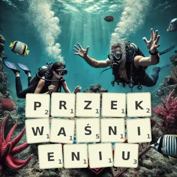 Kreatywna ilustracja do gry w Scrabble ze słowem PRZEKWAŚNIENIU ułożonym z płytek na planszy.