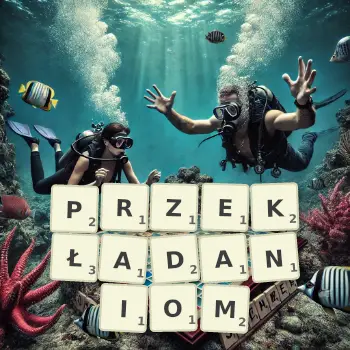 Kreatywna ilustracja do gry w Scrabble ze słowem PRZEKŁADANIOM ułożonym z płytek na planszy.