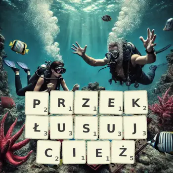 Kreatywna ilustracja do gry w Scrabble ze słowem PRZEKŁUSUJCIEŻ ułożonym z płytek na planszy.