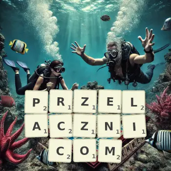 Kreatywna ilustracja do gry w Scrabble ze słowem PRZELACZNICOM ułożonym z płytek na planszy.