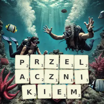 Kreatywna ilustracja do gry w Scrabble ze słowem PRZELACZNIKIEM ułożonym z płytek na planszy.