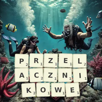 Kreatywna ilustracja do gry w Scrabble ze słowem PRZELACZNIKOWE ułożonym z płytek na planszy.