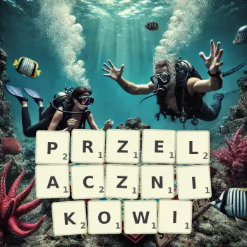 Kreatywna ilustracja do gry w Scrabble ze słowem PRZELACZNIKOWI ułożonym z płytek na planszy.