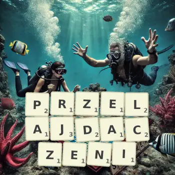 Kreatywna ilustracja do gry w Scrabble ze słowem PRZELAJDACZENI ułożonym z płytek na planszy.