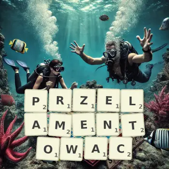 Kreatywna ilustracja do gry w Scrabble ze słowem PRZELAMENTOWAC ułożonym z płytek na planszy.