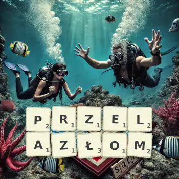 Kreatywna ilustracja do gry w Scrabble ze słowem PRZELAZŁOM ułożonym z płytek na planszy.