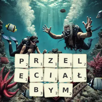 Kreatywna ilustracja do gry w Scrabble ze słowem PRZELECIAŁBYM ułożonym z płytek na planszy.