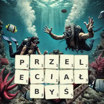 Kreatywna ilustracja do gry w Scrabble ze słowem PRZELECIAŁBYŚ ułożonym z płytek na planszy.