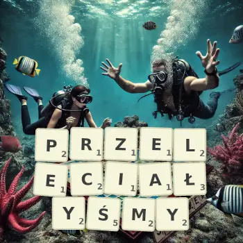 Kreatywna ilustracja do gry w Scrabble ze słowem PRZELECIAŁYŚMY ułożonym z płytek na planszy.