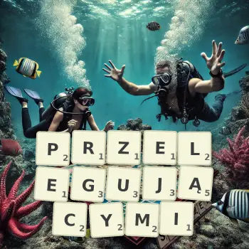 Kreatywna ilustracja do gry w Scrabble ze słowem PRZELEGUJĄCYMI ułożonym z płytek na planszy.