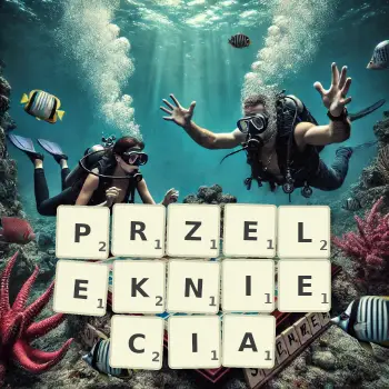 Kreatywna ilustracja do gry w Scrabble ze słowem PRZELEKNIECIA ułożonym z płytek na planszy.