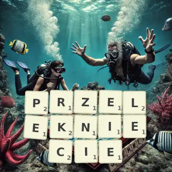 Kreatywna ilustracja do gry w Scrabble ze słowem PRZELEKNIECIE ułożonym z płytek na planszy.
