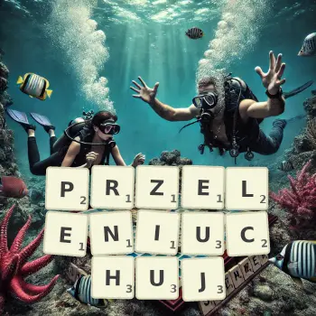 Kreatywna ilustracja do gry w Scrabble ze słowem PRZELENIUCHUJ ułożonym z płytek na planszy.