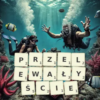 Kreatywna ilustracja do gry w Scrabble ze słowem PRZELEWAŁYŚCIE ułożonym z płytek na planszy.