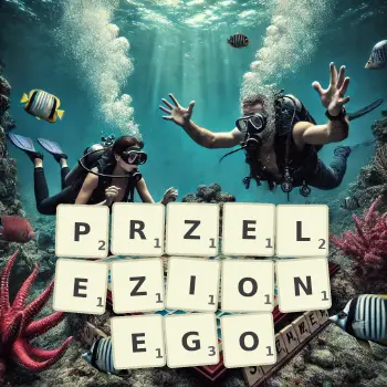 Kreatywna ilustracja do gry w Scrabble ze słowem PRZELEZIONEGO ułożonym z płytek na planszy.