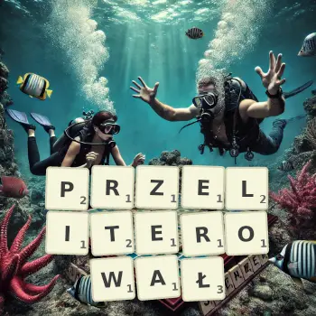 Kreatywna ilustracja do gry w Scrabble ze słowem PRZELITEROWAŁ ułożonym z płytek na planszy.