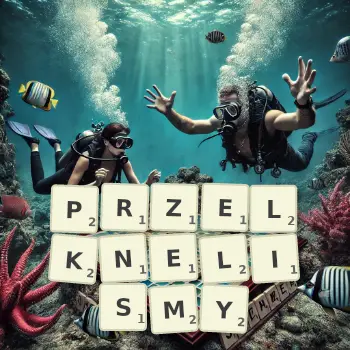 Kreatywna ilustracja do gry w Scrabble ze słowem PRZELKNELISMY ułożonym z płytek na planszy.