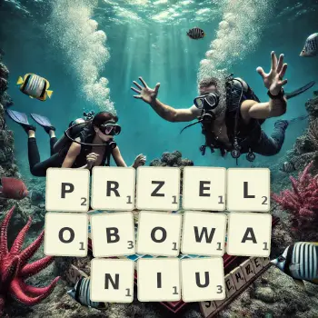 Kreatywna ilustracja do gry w Scrabble ze słowem PRZELOBOWANIU ułożonym z płytek na planszy.