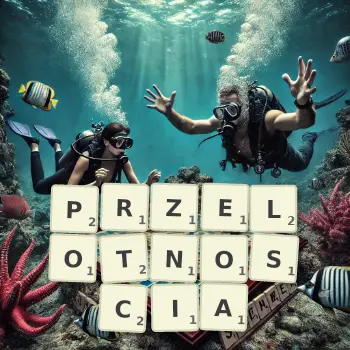 Kreatywna ilustracja do gry w Scrabble ze słowem PRZELOTNOSCIA ułożonym z płytek na planszy.