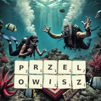 Kreatywna ilustracja do gry w Scrabble ze słowem PRZELOWISZ ułożonym z płytek na planszy.