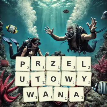Kreatywna ilustracja do gry w Scrabble ze słowem PRZELUTOWYWANA ułożonym z płytek na planszy.