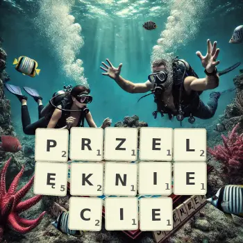 Kreatywna ilustracja do gry w Scrabble ze słowem PRZELĘKNIECIE ułożonym z płytek na planszy.