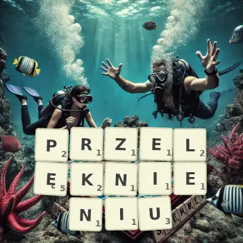 Kreatywna ilustracja do gry w Scrabble ze słowem PRZELĘKNIENIU ułożonym z płytek na planszy.