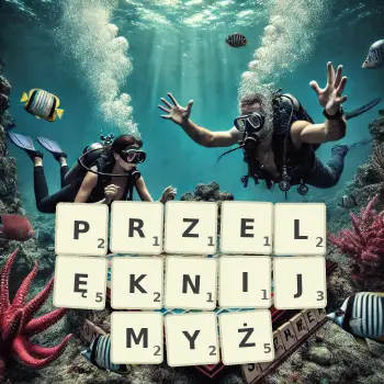 Kreatywna ilustracja do gry w Scrabble ze słowem PRZELĘKNIJMYŻ ułożonym z płytek na planszy.