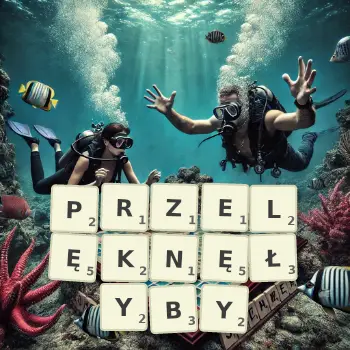 Kreatywna ilustracja do gry w Scrabble ze słowem PRZELĘKNĘŁYBY ułożonym z płytek na planszy.