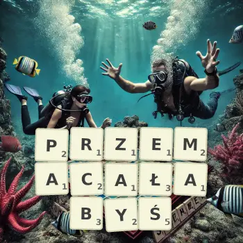Kreatywna ilustracja do gry w Scrabble ze słowem PRZEMACAŁABYŚ ułożonym z płytek na planszy.
