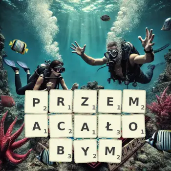 Kreatywna ilustracja do gry w Scrabble ze słowem PRZEMACAŁOBYM ułożonym z płytek na planszy.
