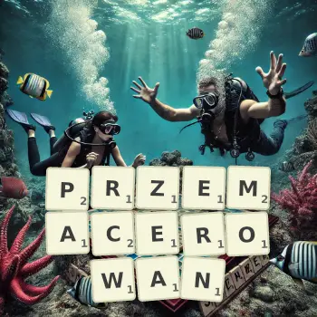 Kreatywna ilustracja do gry w Scrabble ze słowem PRZEMACEROWAN ułożonym z płytek na planszy.