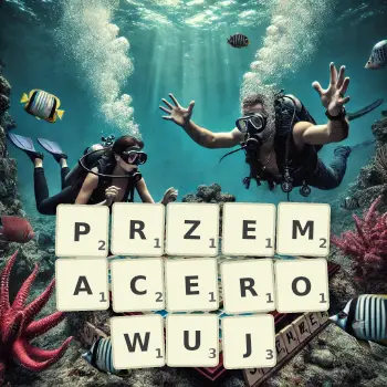 Kreatywna ilustracja do gry w Scrabble ze słowem PRZEMACEROWUJ ułożonym z płytek na planszy.