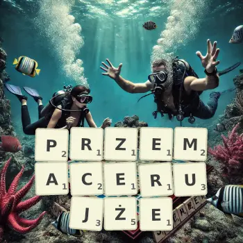 Kreatywna ilustracja do gry w Scrabble ze słowem PRZEMACERUJŻE ułożonym z płytek na planszy.