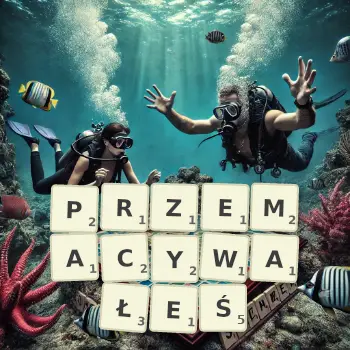 Kreatywna ilustracja do gry w Scrabble ze słowem PRZEMACYWAŁEŚ ułożonym z płytek na planszy.