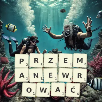 Kreatywna ilustracja do gry w Scrabble ze słowem PRZEMANEWROWAĆ ułożonym z płytek na planszy.