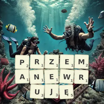 Kreatywna ilustracja do gry w Scrabble ze słowem PRZEMANEWRUJĘ ułożonym z płytek na planszy.