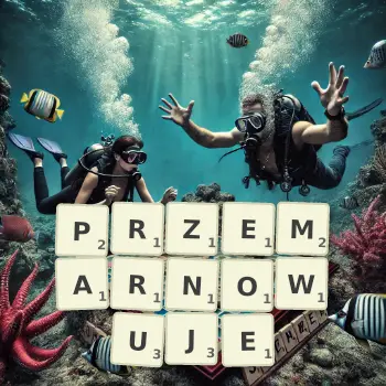Kreatywna ilustracja do gry w Scrabble ze słowem PRZEMARNOWUJE ułożonym z płytek na planszy.