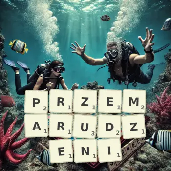 Kreatywna ilustracja do gry w Scrabble ze słowem PRZEMARUDZENI ułożonym z płytek na planszy.