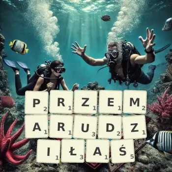 Kreatywna ilustracja do gry w Scrabble ze słowem PRZEMARUDZIŁAŚ ułożonym z płytek na planszy.