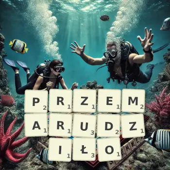 Kreatywna ilustracja do gry w Scrabble ze słowem PRZEMARUDZIŁO ułożonym z płytek na planszy.