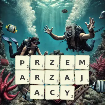 Kreatywna ilustracja do gry w Scrabble ze słowem PRZEMARZAJĄCY ułożonym z płytek na planszy.