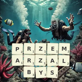 Kreatywna ilustracja do gry w Scrabble ze słowem PRZEMARZALBYS ułożonym z płytek na planszy.